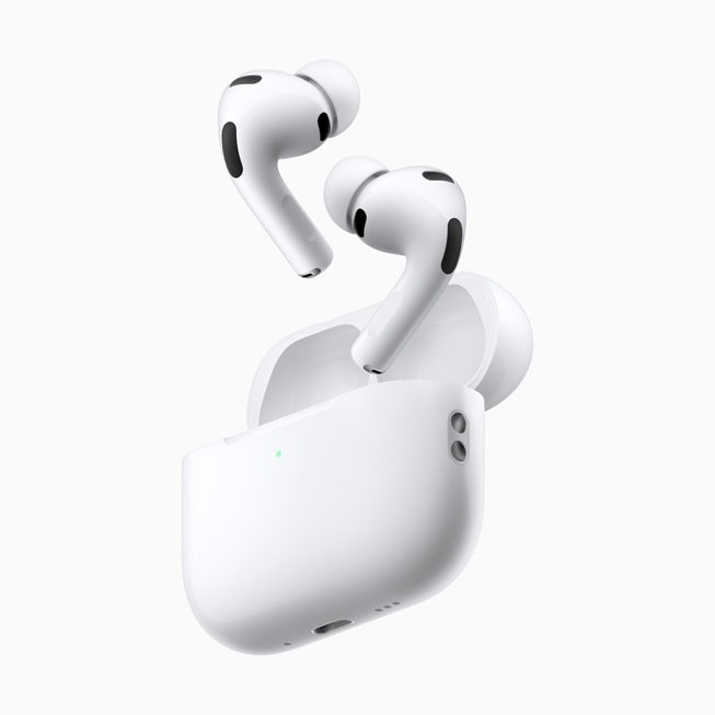 AirPods Pro 3 com design minimalista e ponteiras de silicone.