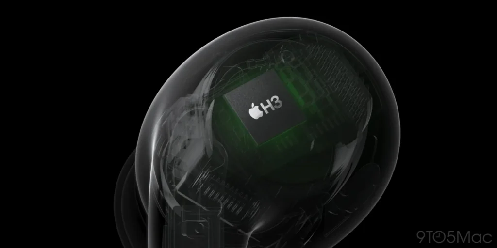 Ilustração do Chip H3 responsável pela integração e desempenho dos AirPods Pro 3.