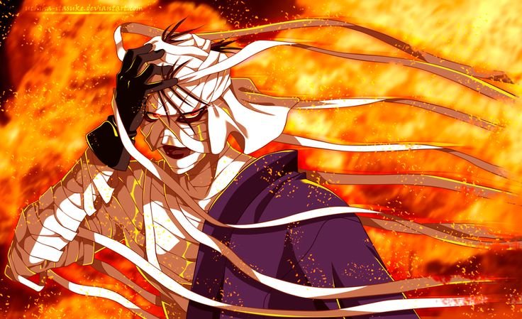 Shishio Makoto cercado por chamas — um dos maiores vilões dos animes clássicos, símbolo de vingança em Rurouni Kenshin.