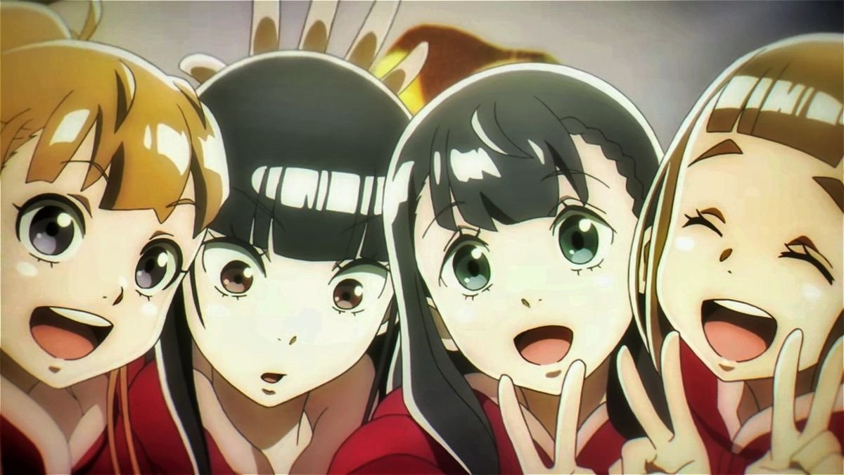 arotas de A Place Further Than the Universe olhando para a câmera.