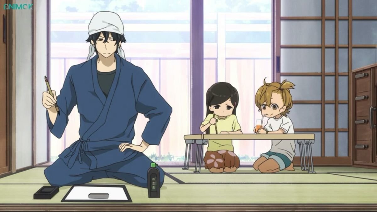 Cena de Barakamon com o protagonista com as crianças