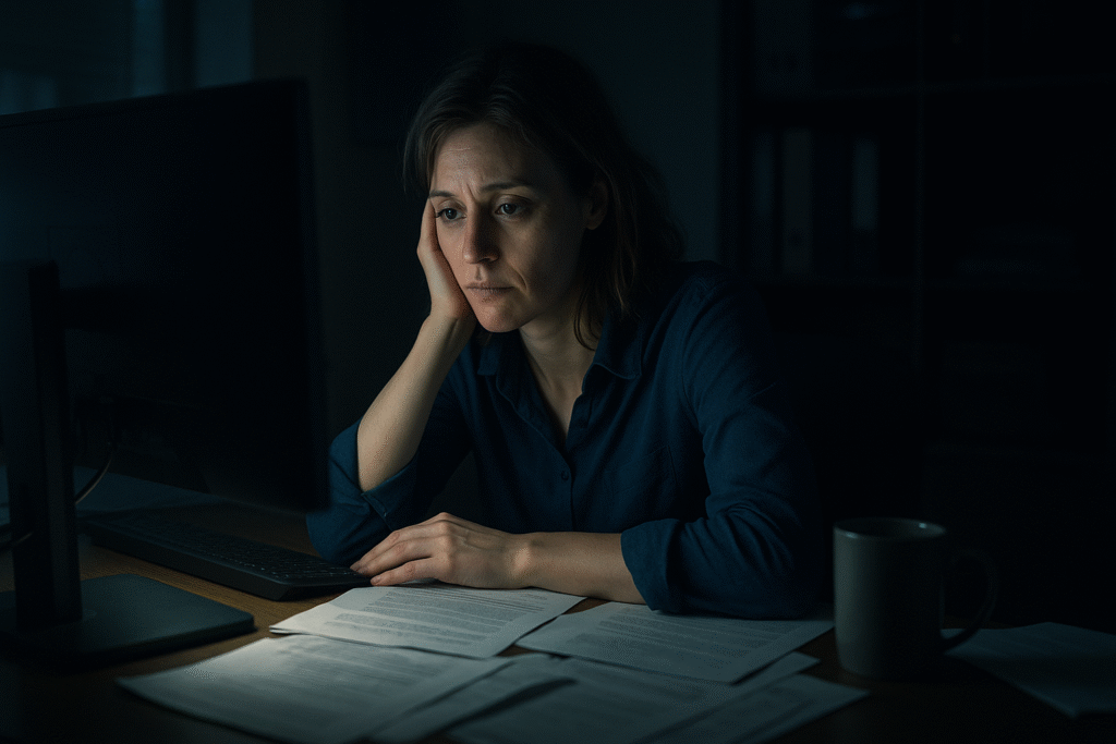 Mulher trabalhando à noite simboliza o esforço invisível de quem faz o que precisa.