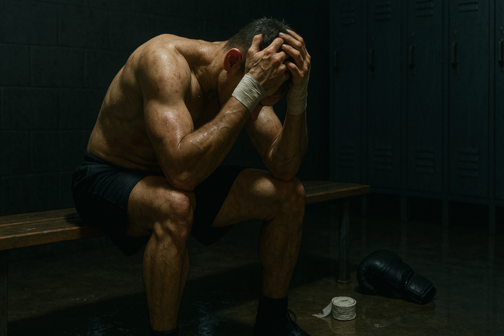 Lutador derrotado no vestiário simboliza as consequências de adiar o que precisa ser feito