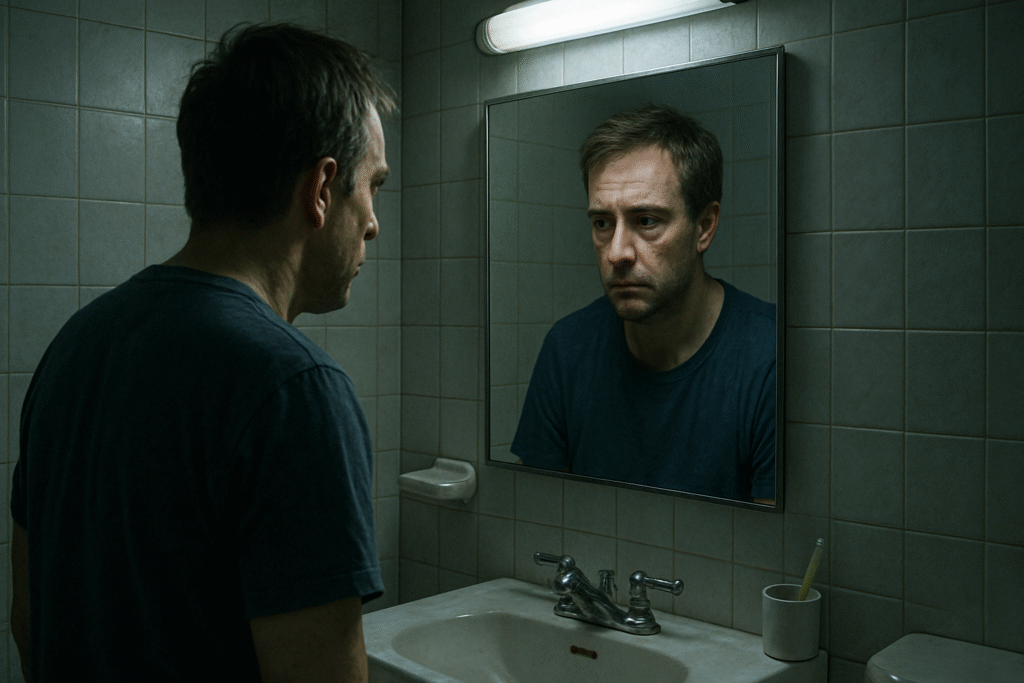 Homem encarando o espelho simboliza o peso da autocrítica e a coragem de recomeçar.