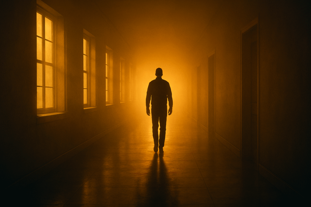 Figura solitária caminhando em corredor iluminado representa o legado silencioso da disciplina.