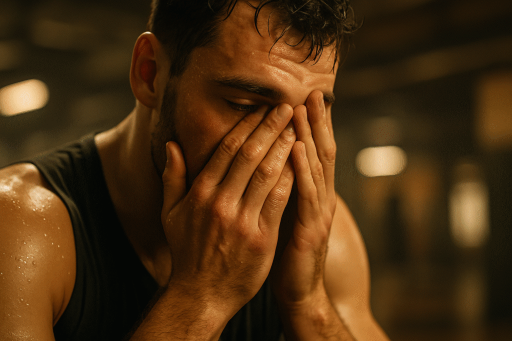 Mãos limpando o suor após o treino representam a vitória sem testemunhas.