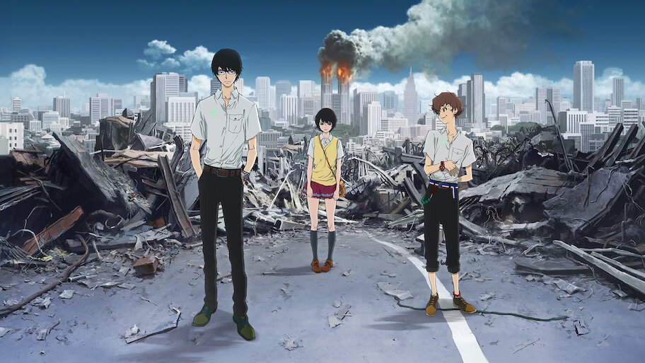 Personagens de Terror in Resonance diante da cidade em ruínas