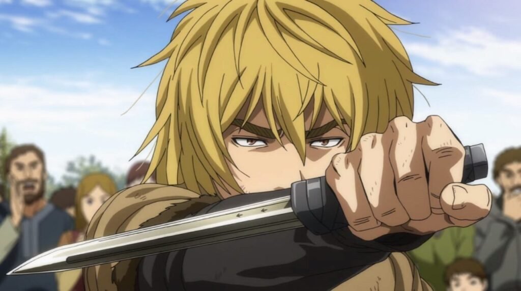 Thorfinn empunhando espada em batalha.