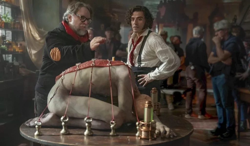 Guillermo del Toro dirige Jacob Elordi no set de Frankenstein (2025)